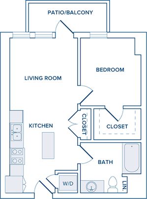 607-766 square foot one bedroom one bath apartment floorplan image