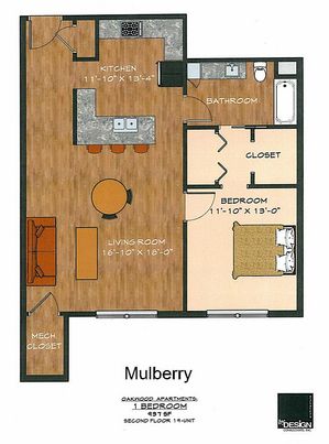 Charming Mulberry apartment floor plan showcasing 1 bedroom, open-concept living room, stylish kitchen, and spacious bathroom, totaling 491 sq ft.