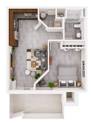 Modern floor plan showcasing open-concept living area, spacious bedroom, sleek kitchen, and contemporary bathroom.