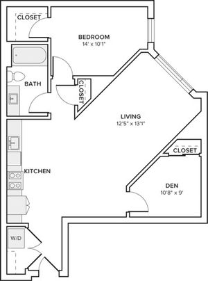 899 square foot one bed one bath with den floor plan in Seattle, WA