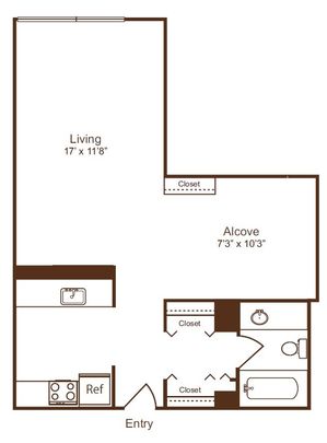 Cozy apartment floor plan featuring a spacious living area, kitchen, alcove bedroom, ample closets, and a modern bathroom.