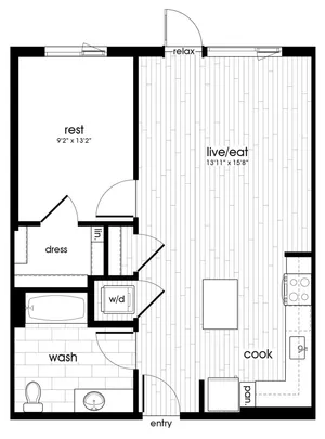 Spacious apartment floor plan with one bedroom, open living and dining area, modern kitchen, and bathroom.