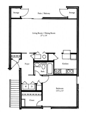 Elegant floor plan showcasing a spacious living room with a dining area, a modern kitchen, one large bedroom, and a cozy patio with extra storage.