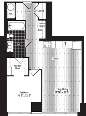 697 square foot one bedroom one bath apartment floorplan image