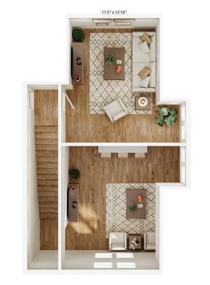 Stylish 3D floor plan with a warm wood finish, showcasing a cozy living area and inviting seating arrangements.