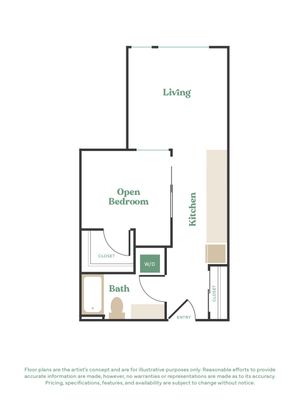 Modern floor plan showcasing an open bedroom, living area, sleek kitchen, and spacious bath with ample storage.