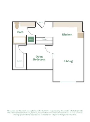 Charming floor plan featuring a spacious open bedroom, elegant kitchen, cozy living area, and a convenient bath with washer/dryer unit.