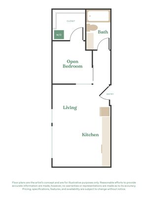 Modern studio apartment floor plan with open bedroom, bathroom, and combined living and kitchen area, featuring a convenient closet and washer/dryer space.