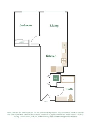 Modern floor plan featuring 1 bedroom, spacious living area, stylish kitchen, and convenient bath with washer/dryer.