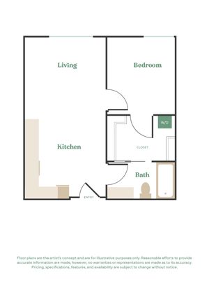 Modern 1-bedroom floor plan featuring an open living area, well-appointed kitchen, and convenient in-unit laundry.