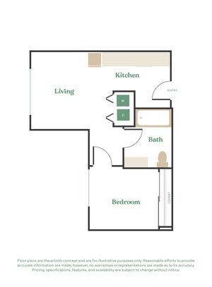 Modern 1-bedroom apartment floor plan featuring an open-concept living and kitchen area, with a convenient bathroom and in-unit washer and dryer.