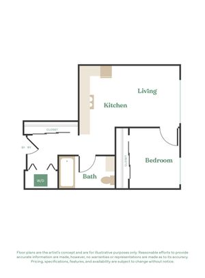 Compact floor plan featuring 1 bedroom, modern kitchen, cozy living area, and convenient bath with washer/dryer.