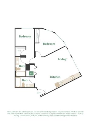 Modern floor plan featuring 2 spacious bedrooms, a stylish living area, and a sleek kitchen, perfect for contemporary living.