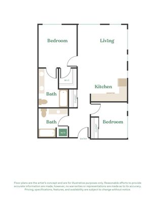 Modern 2D floor plan featuring 2 bedrooms, open living area, stylish kitchen, and dual bathrooms, ideal for comfortable living.