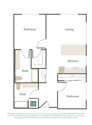 Modern 2-bedroom floor plan showcasing an open living area with a spacious kitchen, two elegant baths, and walk-in closets.