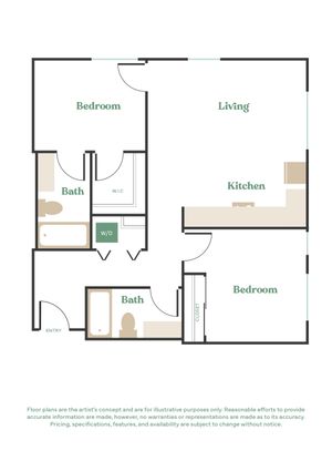 Modern floor plan showcasing 2 spacious bedrooms, dual bathrooms, open living area, and a sleek kitchen layout.