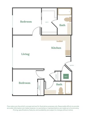 Modern apartment floor plan featuring 2 bedrooms, 2 bathrooms, an open living area, and a spacious kitchen with a walk-in closet.