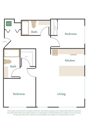 Modern 2-bedroom floor plan with spacious living area, elegant kitchen, and two sleek bathrooms including a walk-in closet.