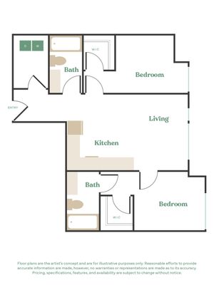 Modern floor plan featuring two spacious bedrooms, open living area, sleek kitchen, and two bathrooms with walk-in closets.