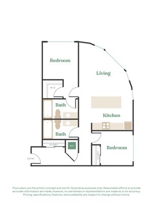 Contemporary 2D floor plan showcasing 2 bedrooms, an inviting living area, and a modern kitchen, complete with two stylish bathrooms.
