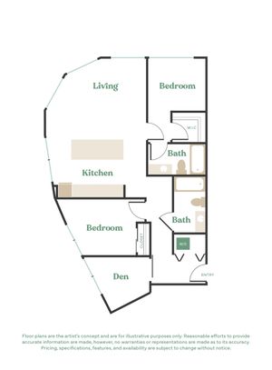 Modern apartment floor plan featuring 2 bedrooms, 2 bathrooms, a spacious living area, sleek kitchen, and cozy den.