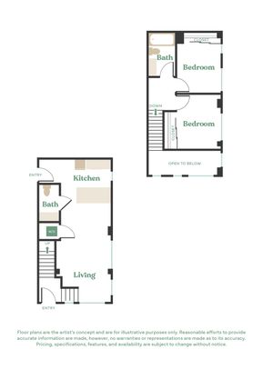 Modern two-story floor plan featuring two bedrooms, open living area, and a contemporary kitchen.