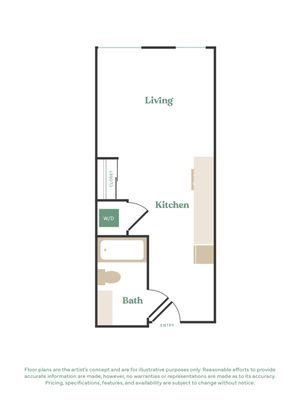 Modern floor plan featuring a streamlined layout with a single bath, spacious living area, functional kitchen, and in-unit washer/dryer.