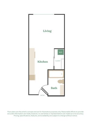 Efficient studio apartment floor plan featuring a spacious open-concept living and kitchen area, a cozy bath, and convenient closet space.