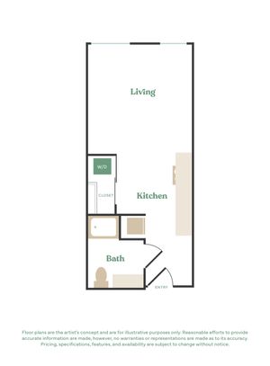 Modern floor plan featuring a spacious living area, sleek kitchen, and cozy bath with integrated closet space.