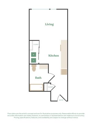 Modern floor plan featuring an open living area, stylish kitchen, spacious bath, and convenient closets.