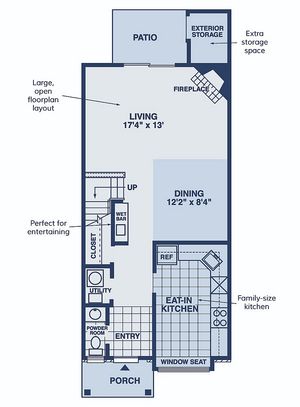 Inviting floor plan showcasing a spacious living area with fireplace, eat-in kitchen, and a patio with extra storage. Ideal for entertaining.