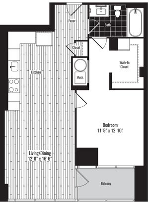 740 square foot one bedroom one bath apartment floorplan image