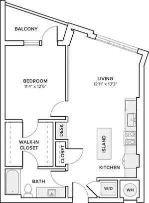 733 square foot one bedroom one bath apartment floorplan image