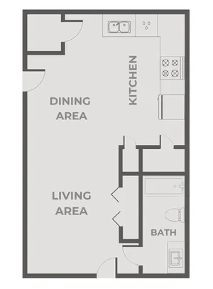 Studio apartment floor plan with open living and dining area, adjacent kitchen, full bathroom, entry closet, and additional storage space.