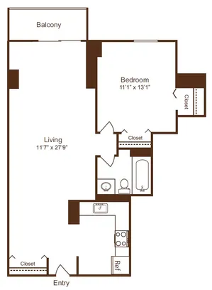 Inviting floor plan showcasing a spacious 1-bedroom apartment with an expansive living area, modern kitchen, and private balcony.