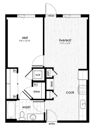 Contemporary one-bedroom apartment floor plan with open living area and efficient layout.