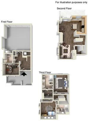 Elegant three-story floor plan showcasing a spacious living area, modern kitchen, and multiple bedrooms with en-suite bathrooms, perfect for comfortable urban living.
