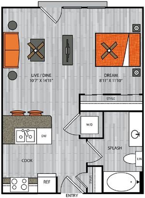 Studio apartment with combination living/dining area and 540 sq ft