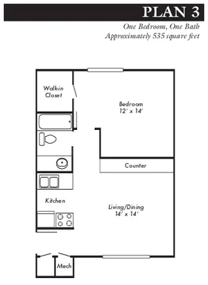 1 Bed 1 Bath Plan 3