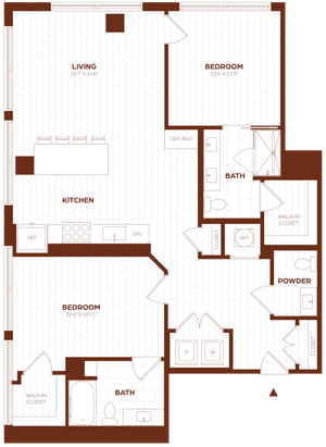 Contemporary floor plan showcasing 2 spacious bedrooms, an elegant kitchen with a dining area, and a cozy living room.