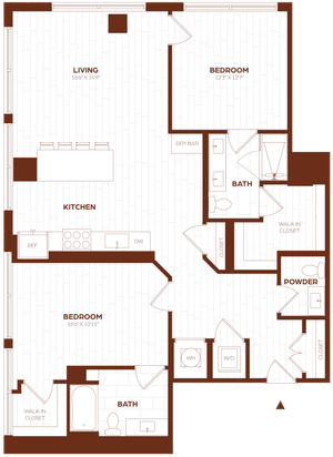 Modern floor plan showcasing 2 bedrooms, open living area, stylish kitchen, and two bathrooms with a powder room.