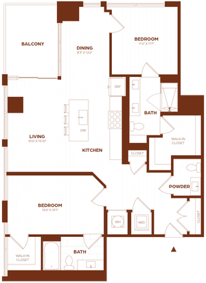 Modern floor plan featuring two bedrooms, open-concept kitchen with island, spacious living area, dining space, two bathrooms, powder room, and a large balcony.