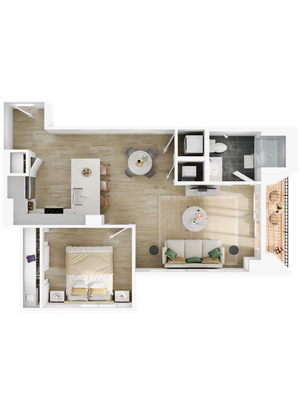 Impressive 3D floor plan featuring one bedroom, an open living area, a modern kitchen with island seating, and a chic bathroom.