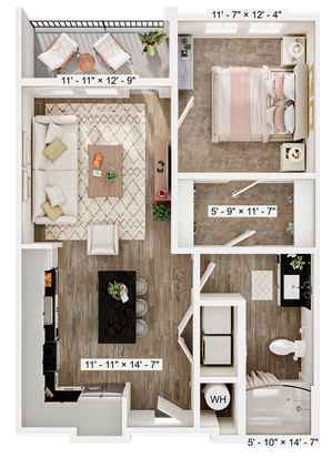 Contemporary floor plan displaying an elegant open-concept living and dining area, cozy bedroom, stylish kitchen, and spacious balcony.