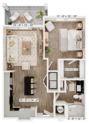 Modern floor plan featuring a spacious open-concept living area, cozy bedroom, stylish kitchen with bar seating, and an inviting balcony.