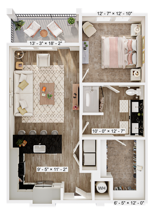 Modern 1-bedroom apartment floor plan with open-concept living area, sleek kitchen, and private balcony.