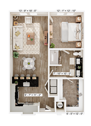 Elegant floor plan showcasing a spacious open-concept living and dining area, a cozy bedroom, and a modern kitchen with a breakfast bar.