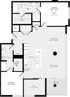 1466 square foot two bedroom two bath apartment floorplan image