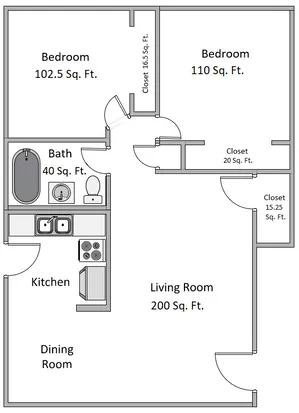 Charming floor plan showcasing a 2-bedroom apartment with a spacious 200 sq. ft. living room, modern kitchen, and cozy dining area. Includes ample closet space and a well-designed bathroom.