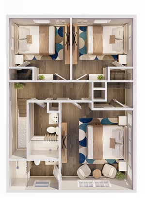 3D floor plan of an apartment featuring three bedrooms, a modern bathroom, and a compact living area.